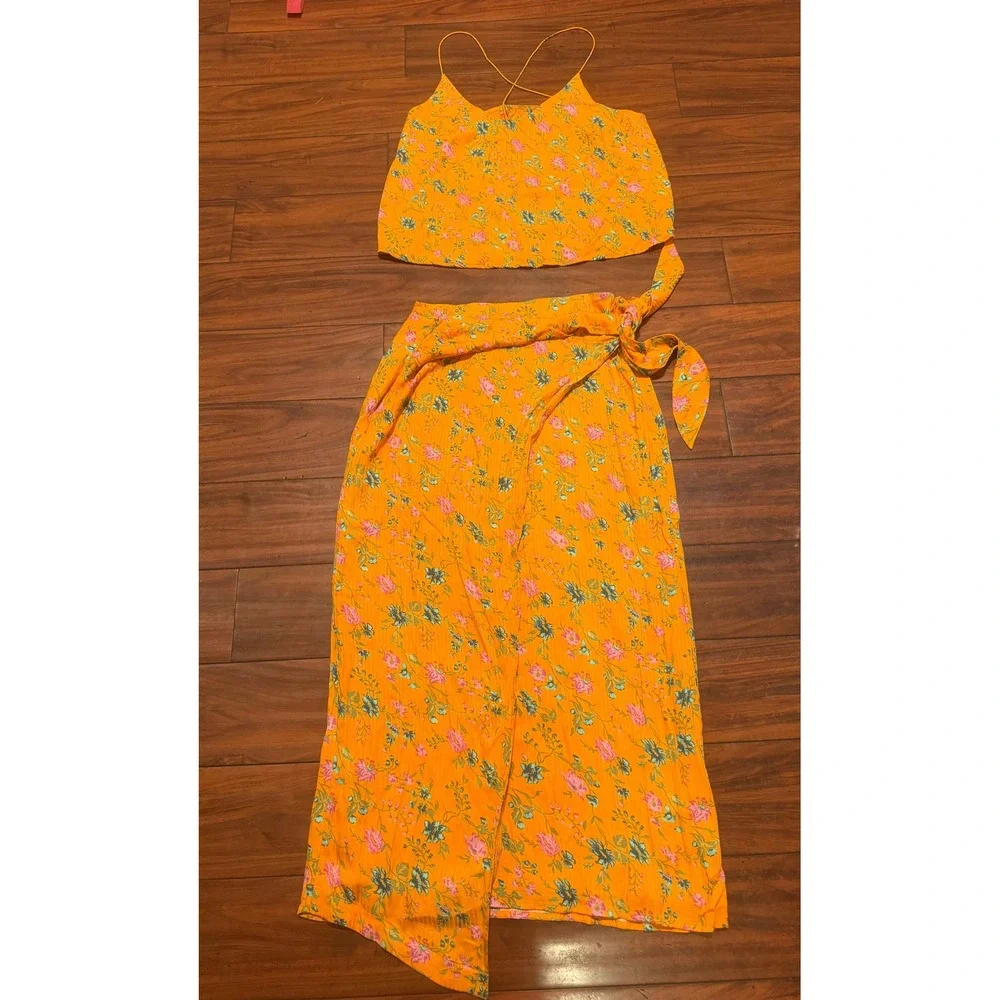 Anthropologie Orange Floral 2 Piece Set Cami Top Size 4 Wrap Midi Skirt Size 6